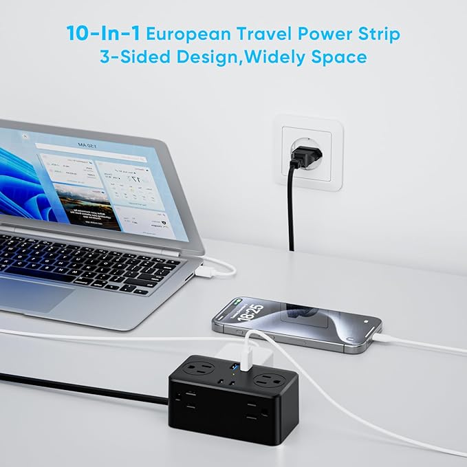 Kakyanill European Travel Plug Adapter, EU/UK/US Travel Plug Adapter Power Strip, 6 AC Outlets, 4 USB Ports (2 USB C), 3ft Wrapped Around Extension Cord, Compact for Travel, Black