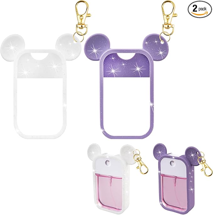 TERPINK 2 Pack Silicone Case Compatible with Touchland Hand Sanitizer Spray 1 fl oz, Mouse Design Protective Case with Keychain, Hand Sanitizer Spray Accessory (Glitter Sequin White+Purple)