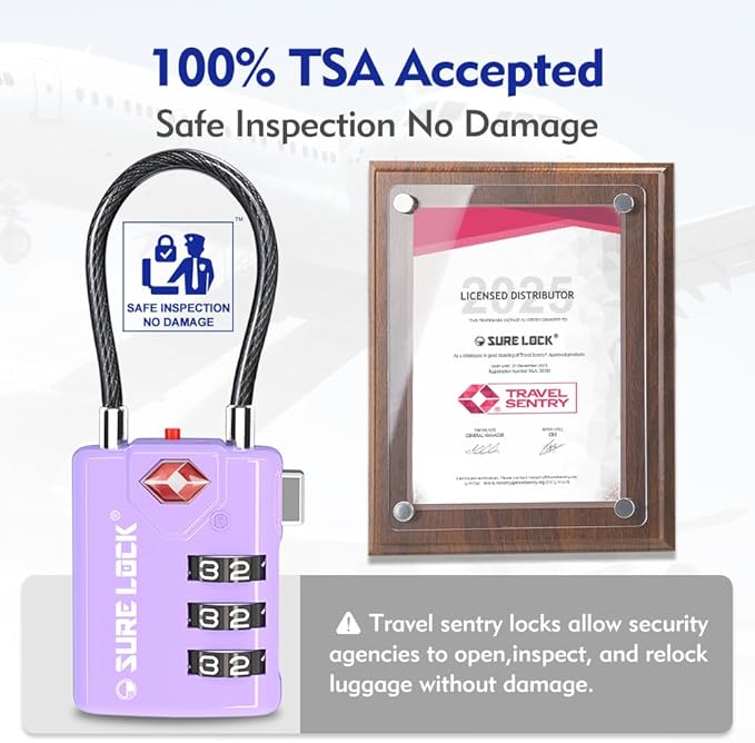 SURE LOCK TSA Approved Combination Luggage Locks with Open Alert Indicator – Durable Zinc Alloy Cable Travel Locks with Large Easy-Read Dials for Suitcases, Backpacks & Gym Bags(2, Purple 2 Pack)