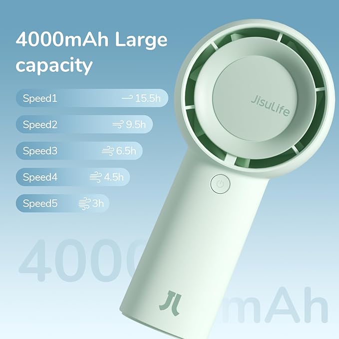 JISULIFE Portable Handheld Turbo Fan [16H Max Cooling Time], 4000mAh USB Rechargeable Personal Battery Operated Lash Small Pocket Fan with 5 Speeds for Travel/Outdoor/Vacation/Concerts - Green