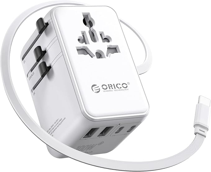 ORICO Universal Travel Adapter 100W GaN International Power Adapter with 2 AC, 3 USB-C and 2 USB-A Ports, Built-in Retractable USB-C Cable, European Travel Plug Adapter for Eu US UK AU &200+ Countries
