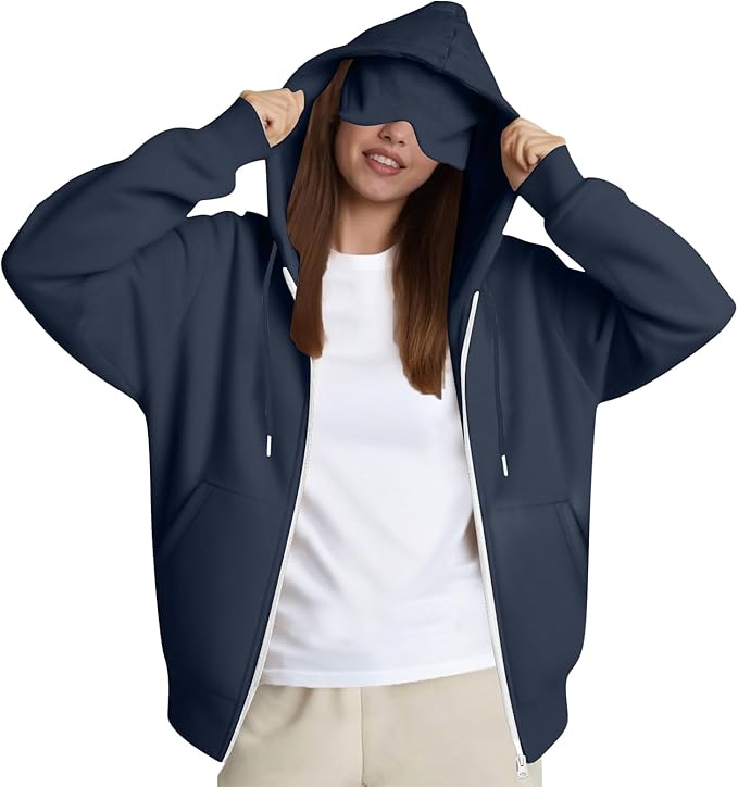 Zip Up Hoodie with Eye Mask Built In, Comfort Airplane Wearable Blanket Sweatshirt Men Women Sleep Clothes