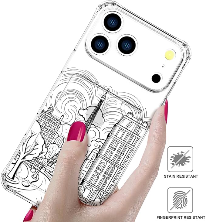 Compatible with iPhone 17 Pro Max Case Card Holder for Women Cute Design,Wallet Phone Cases Transparent Cool Kawaii Protective (Clear Paris City Eiffel Tower)