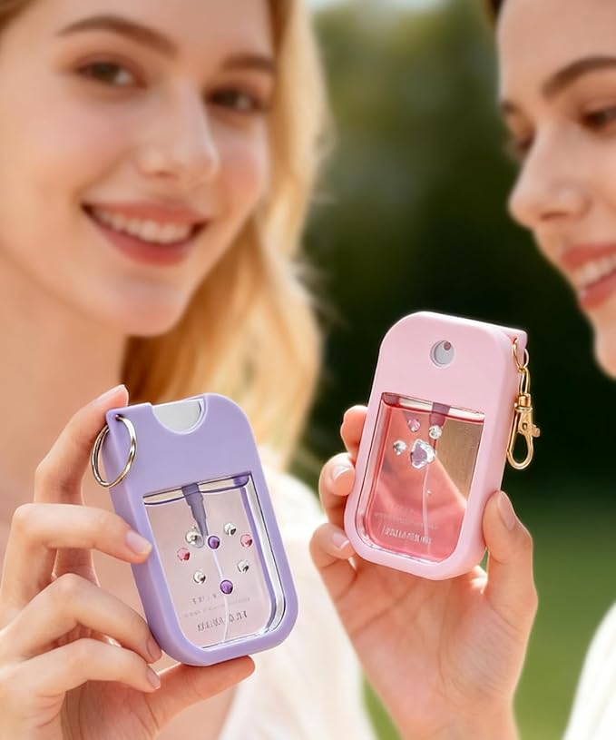 2 Sets Silicone Case Compatible with Touchland Hand Sanitizer Spray 1 FL. OZ./30 mL, Stylish Hand Sanitizer Mist Accessory with Portable Keychain (Pink, Purple)