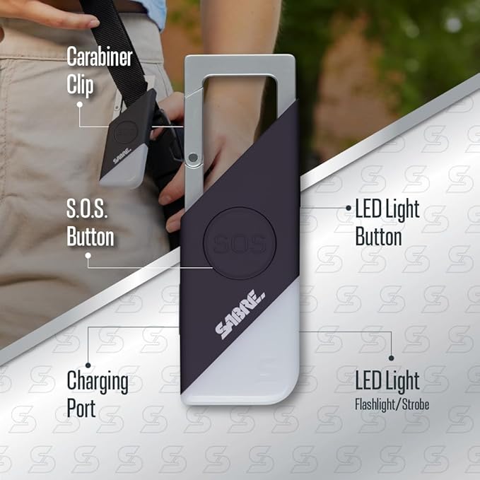 Sabre 2-in-1 Personal Alarm with LED Light & SOS Button, 130dB Siren Heard from 1,800-feet (500-meters), Spring Clip for Easy Carry on Backpacks & Purses, Rechargeable with Charging Cord Included