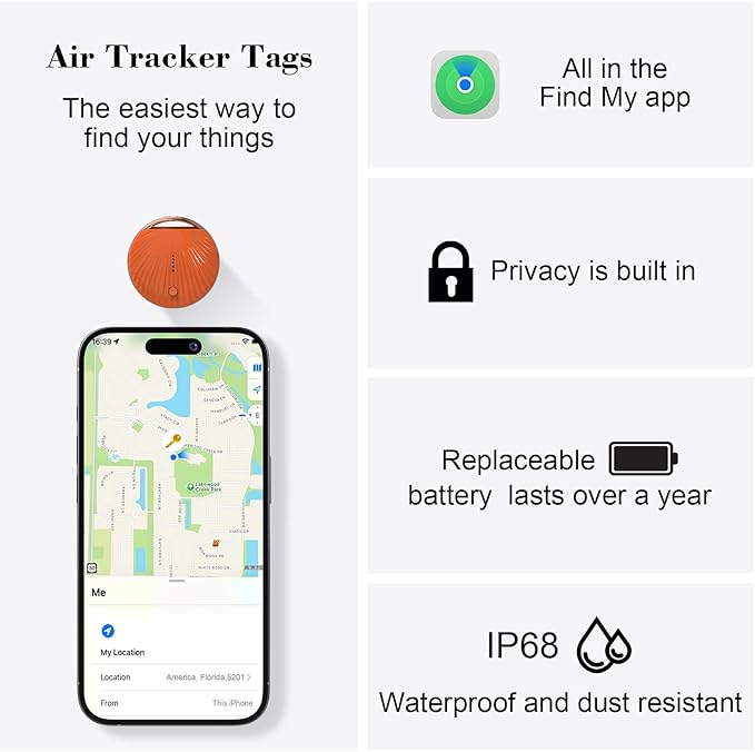Air Tracker Tag, [MFi Certified] Smart Tag, Pet Bluetooth Tracker for Apple Find My, IP68 Waterproof,Replaceable Battery, Key Finder and Item Locator for Keys, Bags, Pets, Wallet (iOS Only)-Orange