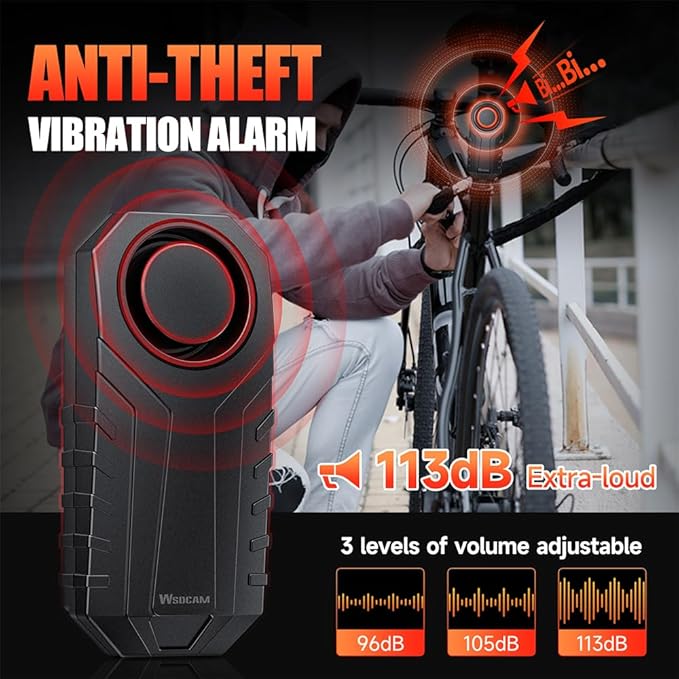 WSDCAM Upgraded Bike Alarm with Remote - 113dB Loud Anti-Theft Security Alarm, 197ft Remote Range, IP65 Waterproof, USB-C Rechargeable, Bike Horn & Locator for E-Bikes, Bicycles, Scooters, Motorcycles