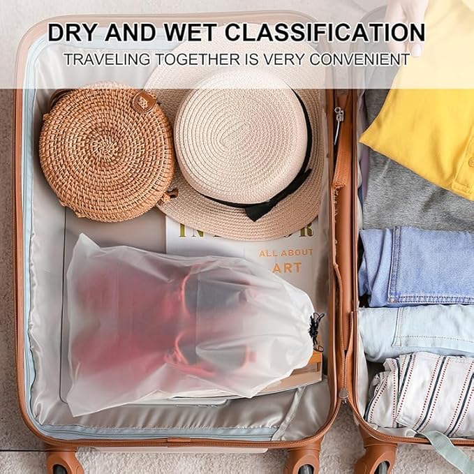 Shoe Bags for Travel, Waterproof Travel Clear Plastic Drawstring Bags, Storage Bags,2 Pcs 15.7" x 11.8" Large Packing Cubes for Storage, Travel Essentials, Men's and Women's (Clear)