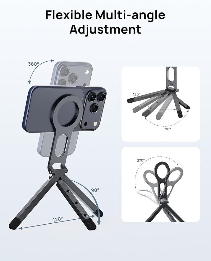 SODI Magnetic Phone Tripod Stand for iPhone - Strong Magnet Foldable Cell Phone Stand for Vlog, Gym, Travel Essentials, Mini Tripod Phone Stand Compatible with iPhone 17 16 15 14 13 12 Series