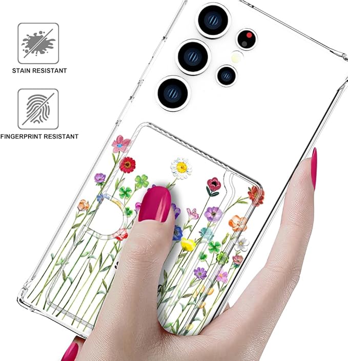 Compatible with Samsung Galaxy S24 Ultra Case Card Holder for Women Cute Design,Wallet Phone Cases Transparent Cool Kawaii Protective (Clear Flower Floral Bouquet)