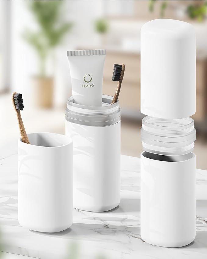 FERYES Travel Toothbrush and Toothpaste Holder – Large Capacity Oral Care Tools Organizer with Mouthwash Cups, Portable Tooth Brushes Case - White