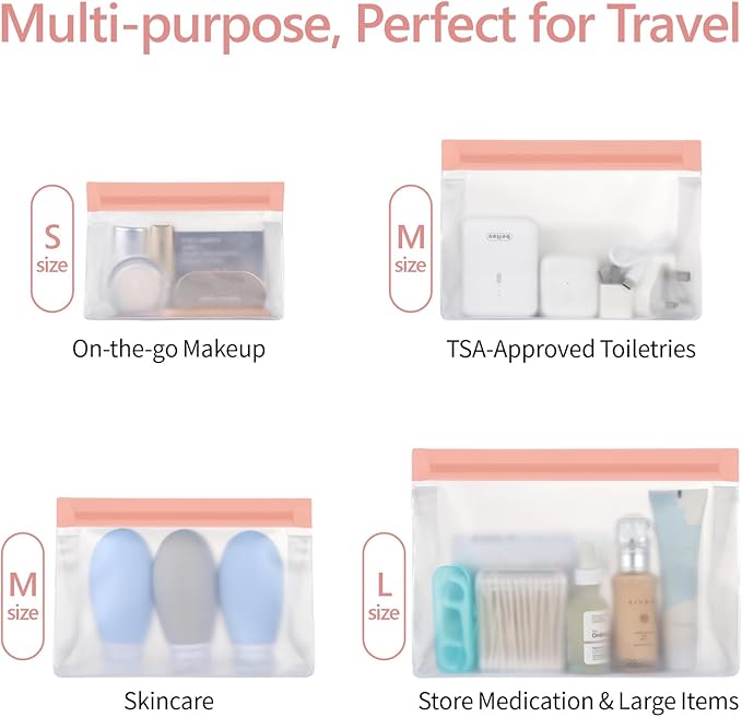PACKISM Leakpoof Clear Cosmetic Bags - Sealed TSA Approved Toiletry Bags, Reusable and Easy to Clean, Semi-Transparent Clear Toiletry Bag, Carry on Airport Airline Compliant Bag, 1L+2M+1S, Pink