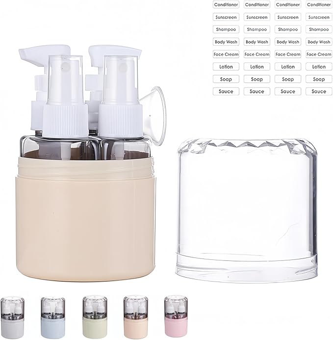 CLOUDEMO Mini Shampoo Dispenser Portable Travel Bottle Set, 2-in-1, 3-in-1, 4-in-1 Mini Dispenser Portable Travel Set, Leak Proof Refillable Travel Containers with Labels (Beige,4 in 1)