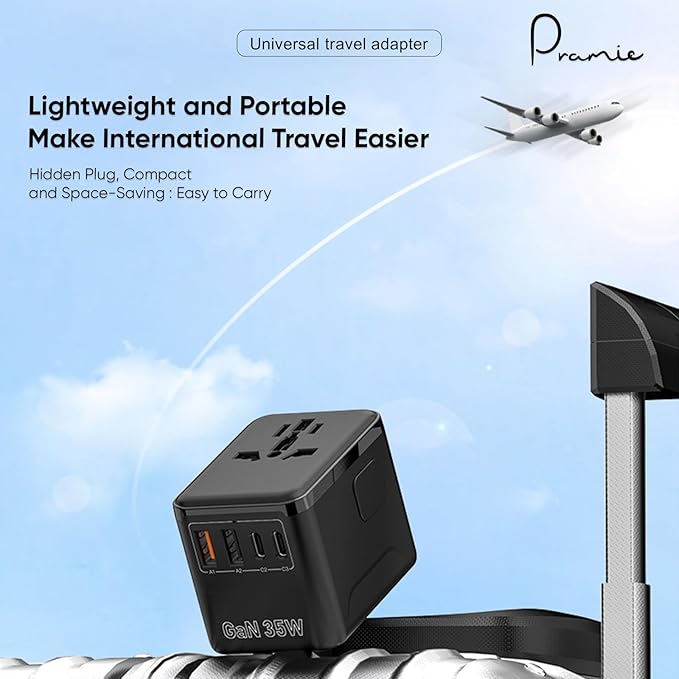 Universal Travel Adapter, GaN 35W International Plug Adapter with 2 Type C & 2 USB and 1 Quick Charging Port Type C, All in One Worldwide Travel Plug Adapter, Available Plugs for EU/UK/AUS/US, Black