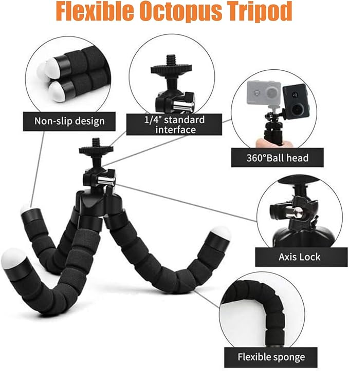 Accessories Kit for Action Camera, Handheld Selfie Stick + Suction Cup Mount + Floating Handle Grip + Flexible Octopus Tripod, Universal Action Camera Bundle for Recording VLOG/POV