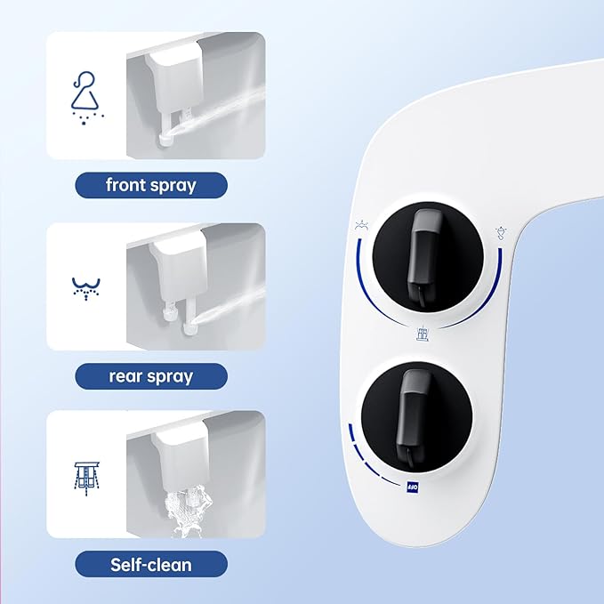 Toilet Bidet Attachment, Non-Electric Dual Nozzle (Feminine/Bidet Wash), Self-Cleaning Fresh Cold Water Sprayer Bidets for Toilets with Adjustable Water Pressure (Dual Knob, Black)
