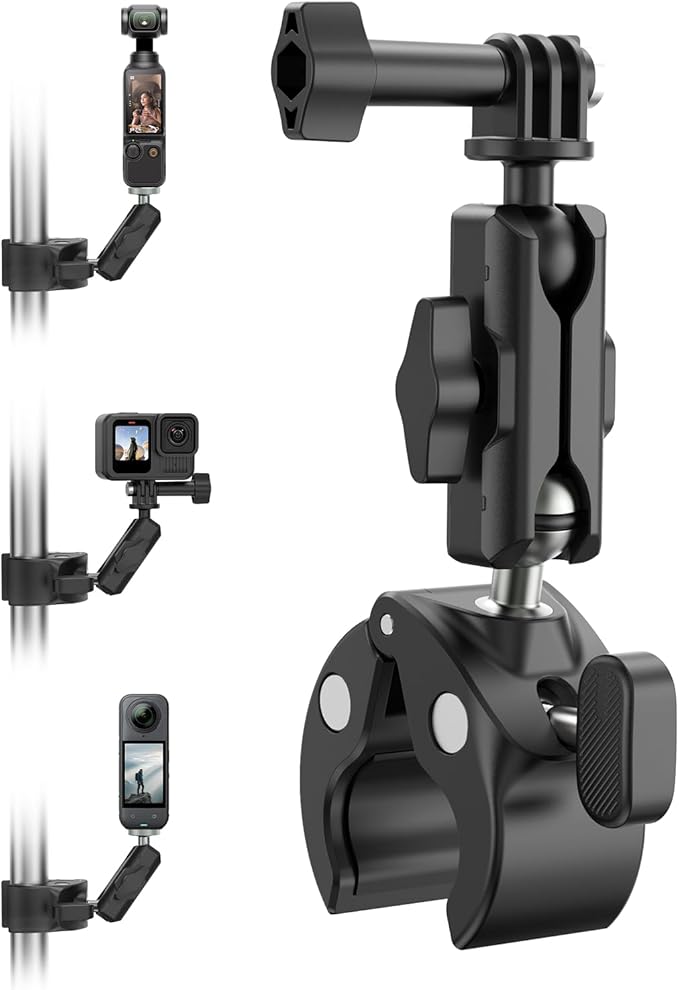 TELESIN Camera Clamp Mount Bike Motorcycle Handlebar Mounts Accessories, 360 Ball Joint Tube Roll Bar Holder Clip for DJI Osmo Pocket 4/DJI Osmo Action 6/Action 5 4 Pro/Hero 13 12 11 10 9/Insta 360 X5