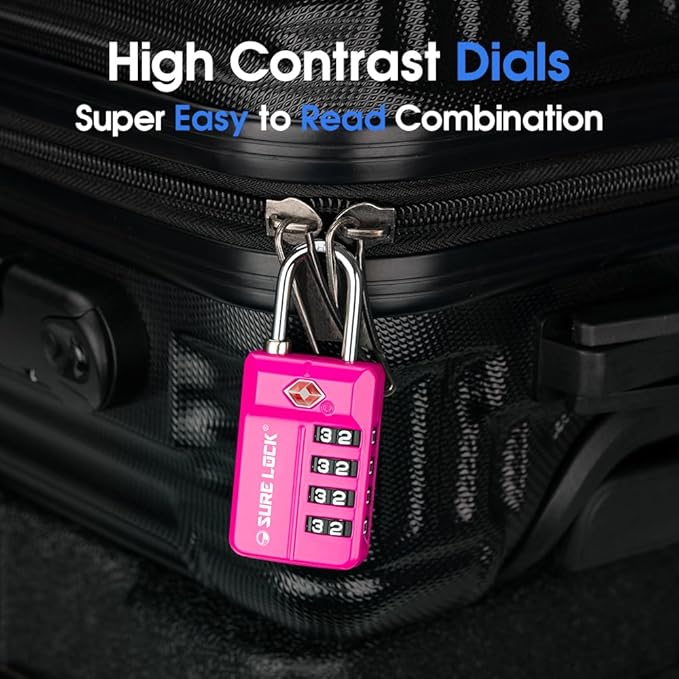 SURE LOCK TSA Approved 4-Digit Luggage Lock, Resettable Combination, Red Dot Open-Alert (Resets Only with Code), Easy-Read Black/White Dials, Hardened Shackle, Zinc Alloy (Pink 1 Pack)