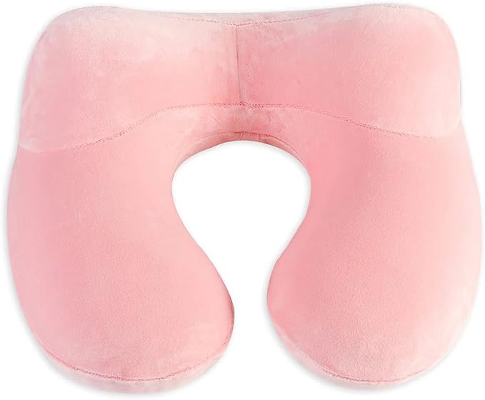 Inflatable Travel Pillow, Neck Pillow Support for Traveling, Airplanes, Cars, and Offices with Compact Carrying Bag, Soft Velvet Washable Cover, Ideal for Adult Sleepers (Pink)