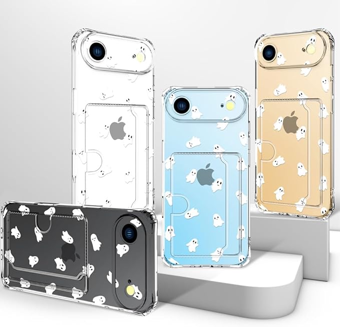 Compatible with iPhone 17 Air Case Card Holder for Women Cute Design,Wallet Phone Cases Transparent Cool Kawaii Protective (Clear Ghosts Halloween Hallowmas)