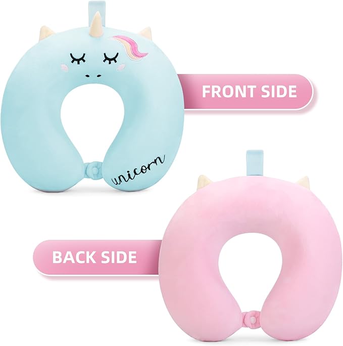 Toddler Neck Pillow, Kids Travel Neck Pillow for Traveling with Eye Mask, Toddler Cute Unicorn Airplane Travel Essentials, Memory Foam Car Flight Sleeping Headrest for Baby Boy Girl Child Gift (Blue)