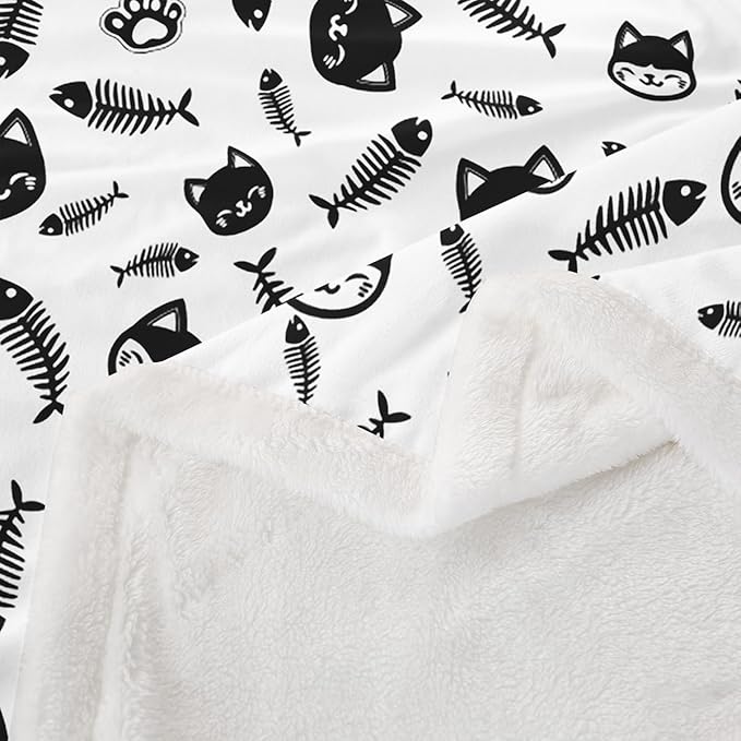Cute Cats Kids Throw Blanket,Cartoon Cats Pets Paws Print Bed Blanket for Girls Boys Adults,Lovely Animals Kawaii Fleece Blanket,Black White Fuzzy Blanket,Queen Size (90 x 90 Inches)