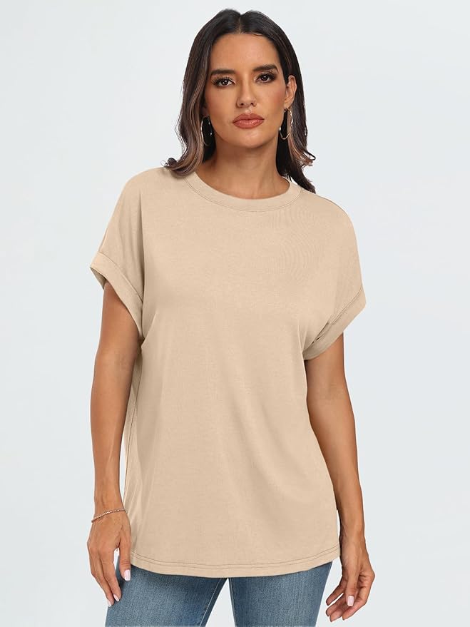 AUTOMET Women's Oversized Short Sleeve T Shirts Casual Drop Shoulder Rolled Cuff Summer Tops for Work, Travel and Lounge