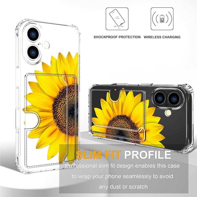 Compatible with iPhone 16 Plus Case Card Holder for Women Cute Design,Wallet Phone Cases Transparent Cool Kawaii Protective (Clear Sunflower Sun Flower)