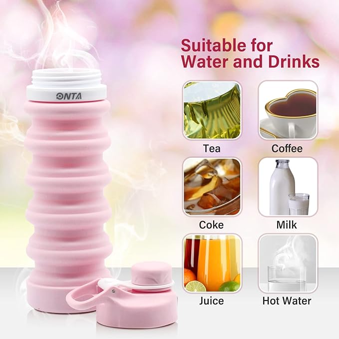 ONTA Collapsible BPA Free Silicone Water Bottle, 20oz - Portable, Leakproof, Easy Clean, Shatter Resistant, Travel Friendly