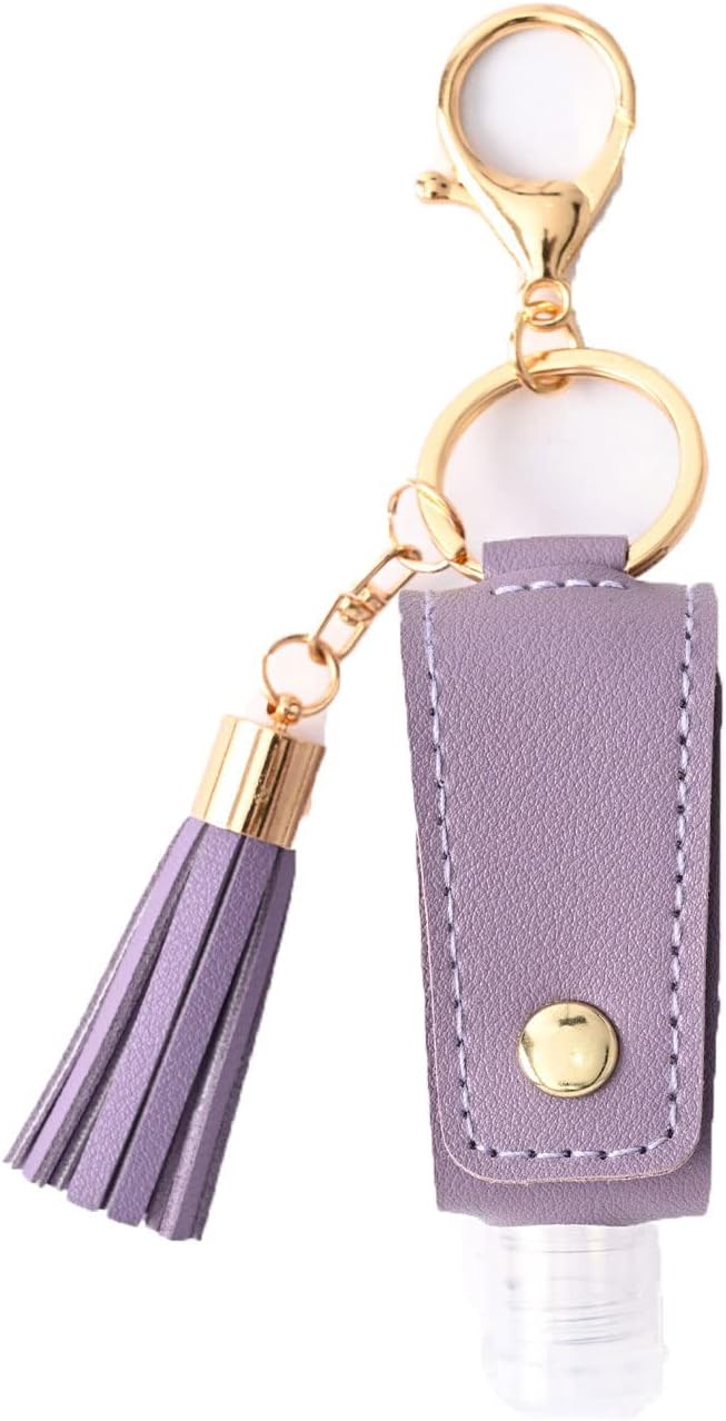 HSYHERE Multifunction Portable Empty Travel Bottle Keychain Hand Sanitizer Bottle Keychain, PU Leather Tassel Key Chains Car Key Ring +Refillable Containers for Toiletry Shampoo Lotion Soap -Purple
