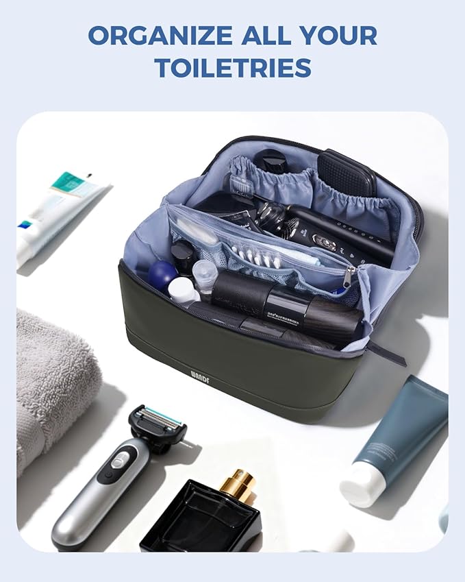 WANDF Toiletry Bag for Men, PU Leather Travel Organizer with Detachable Waterproof Hanging Pouch, Open-Flat Dopp Kit Shaving Bag with Wet Pocket for Travel Toiletries Accessories (Army Green)
