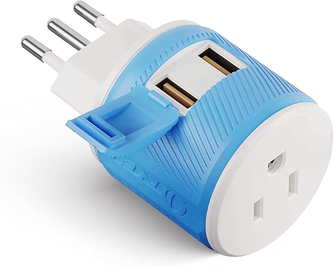 OREI Italy, Uruguay Travel Plug Adapter with Dual USB - Type L (U2U-12A), Will Work with Cell Phones, Camera, Laptop, Tablets, iPad, iPhone and More, Blue