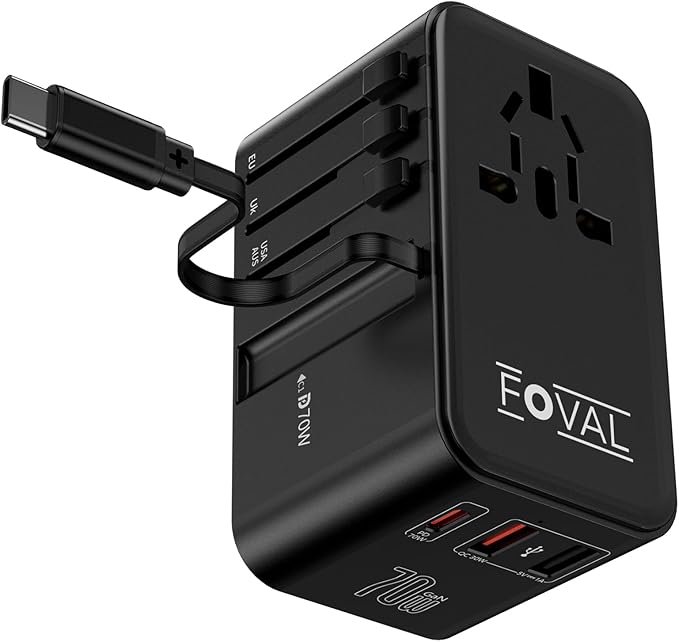 FOVAL European Travel Plug Adapter, Universal Travel Adapter with Retractable USB C Cable, All-in-one International Power Adapter for Europe Italy UK US AUS (70W)