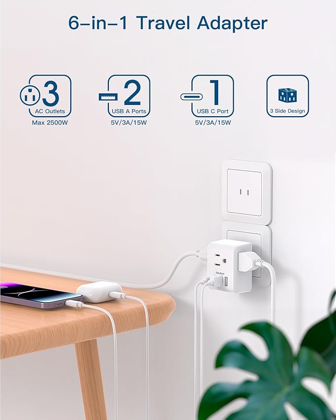 2 Pack US to Japan Plug Adapter, 2 Prong to 3 Prong Outlet Adapter with 3 AC Outlets 3 USB Ports(1 USB C), Type A Travel Power Converter Plug Adaptor for USA to Japanese Canada Mexico Philippines Peru