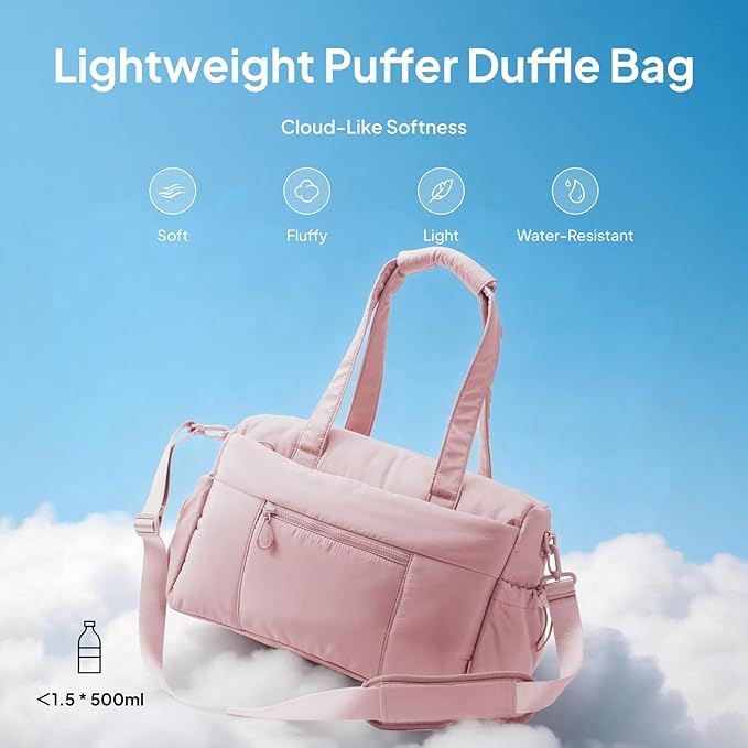 TOPEAST Weekender Bag for Women, Lightweight Puffer Travel Duffle Carry On Bag with Wet Pocket & 40oz Tumbler Pocket, Airline Approved Personal Item Overnight Bag, Pink