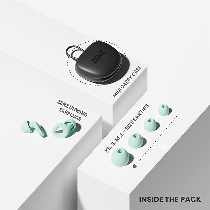 Zenz Unwind Ear Plugs for Sleeping Noise Reduction – Soft Silicone Reusable Earplugs for Sleep, Focus & Work – 28dB Noise Reduction with Storage Case – XS/S/M/L Eartips (Dew Mint, One Size)
