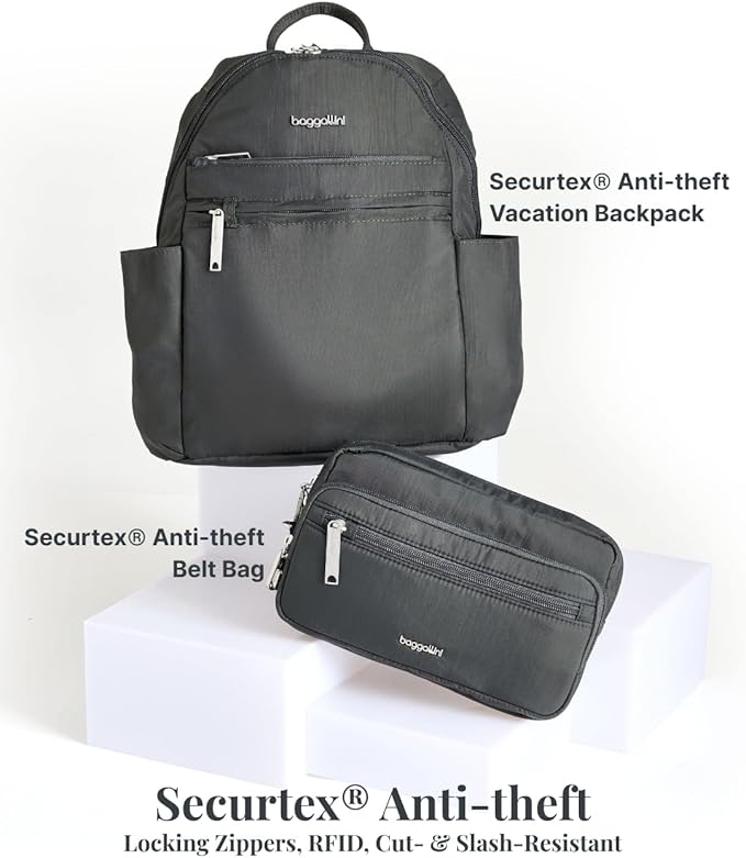 Baggallini Securtex® Anti-theft Vacation Travel Backpack 10x13 Slash-Resistant Nylon Daypack w/RFID, Charcoal