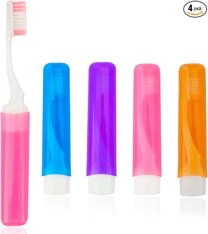 Travel Toothbrush 4 Pcs Travel Toothbrush Set Mini Portable Toothbrushes Soft Travels Size Toothbrushes Kit Small Foldable Tooth Brush with Case Cover for Home Camping Hiking Individually Wrapped