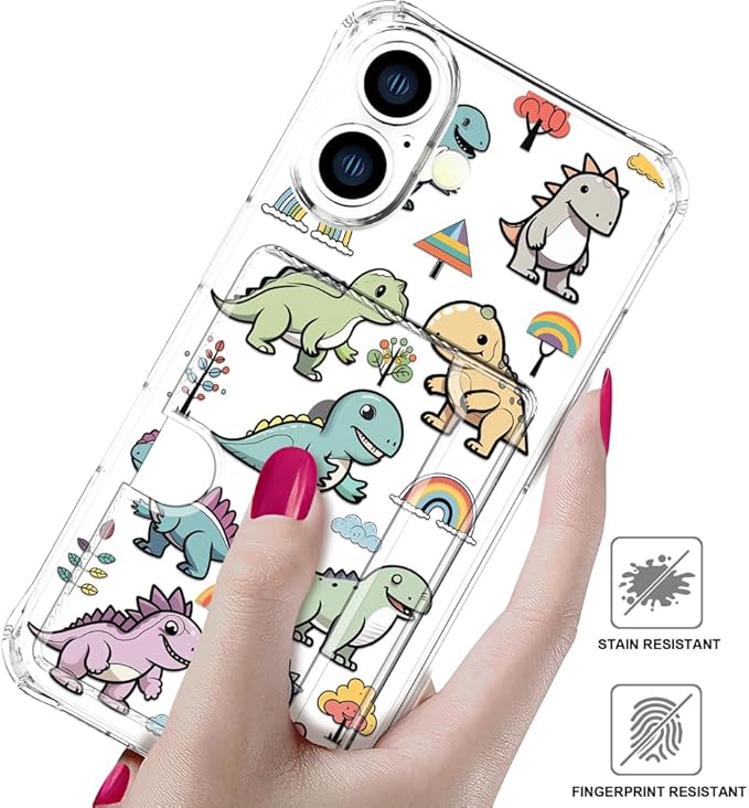 Compatible with iPhone 17 Case Card Holder for Women Cute Design,Wallet Phone Cases Transparent Cool Kawaii Protective (Clear Lovely Dinosaurs)