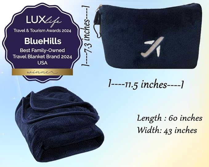 BlueHills Premium Soft Mini Plush Travel Blanket Value Pack Set of 2 - Airplane Travel Essential Flight Blanket Throw in a case with Strap Compact for Car Plane Travel Gift – Navy Blue and Pink.