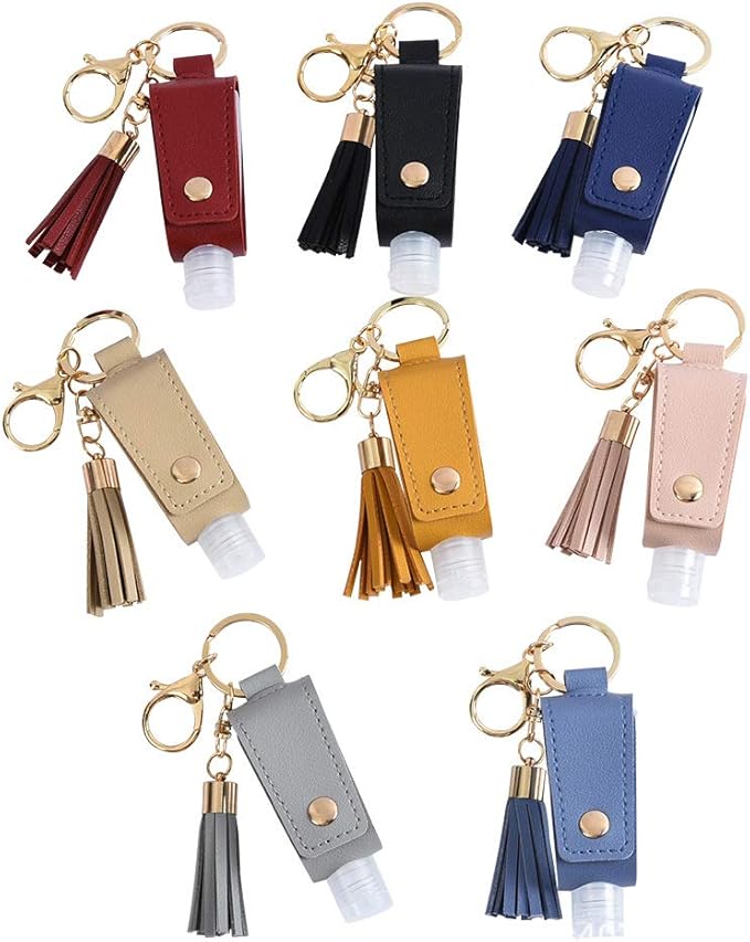 HSYHERE Multifunction Portable Empty Travel Bottle Keychain Hand Sanitizer Bottle Keychain, PU Leather Tassel Key Chains Car Key Ring +Refillable Containers for Toiletry Shampoo Lotion Soap -Khaki