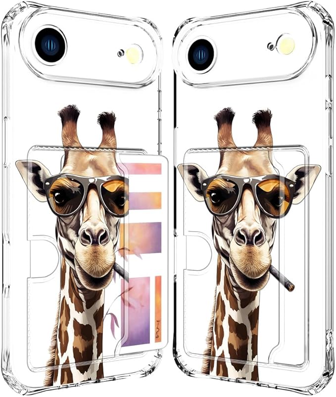 Compatible with iPhone 17 Air Case Card Holder for Women Cute Design,Wallet Phone Cases Transparent Cool Kawaii Protective (Clear Giraffe Smoking Animal)