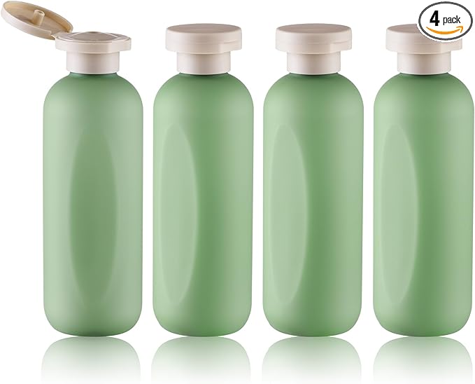 Empty Shampoo Bottles 6.7oz - Large Size Refillable Plastic Liquids Toiletry Containers - Empty Leak Proof Lotion Toiletries Dispenser - Green Flip Cap Top Body Wash and Cosmetic Set 4 Pack
