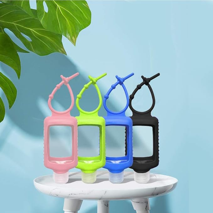 4 Pack Travel Size Plastic Clear Bottles w/Silicone Sleeve Refillable Empty Squeeze Containers Leakproof Flip Cap Keychain Bottles Hand Sanitizer Holder for Backpack Travel Outdoor (60ml/2oz)