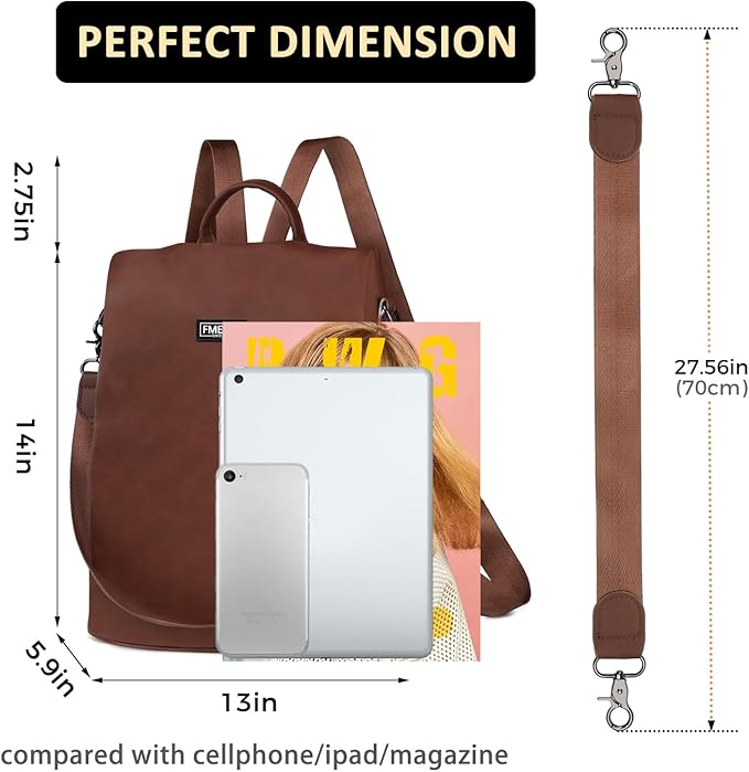 Fmeida Backpack Purse for Women PU Leather Anti Theft Backpack for Travel Convertible Fashion Daypack Brown