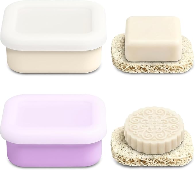OTHIX 2 Pack Leakproof Silicone Travel Soap Case Travel Essentials-Small Bar Soap Holder Container with Drainage Layer & Mini Portable Soap Dish for Shampoo Bars, Gym, Camping (Cream & Light Purple)