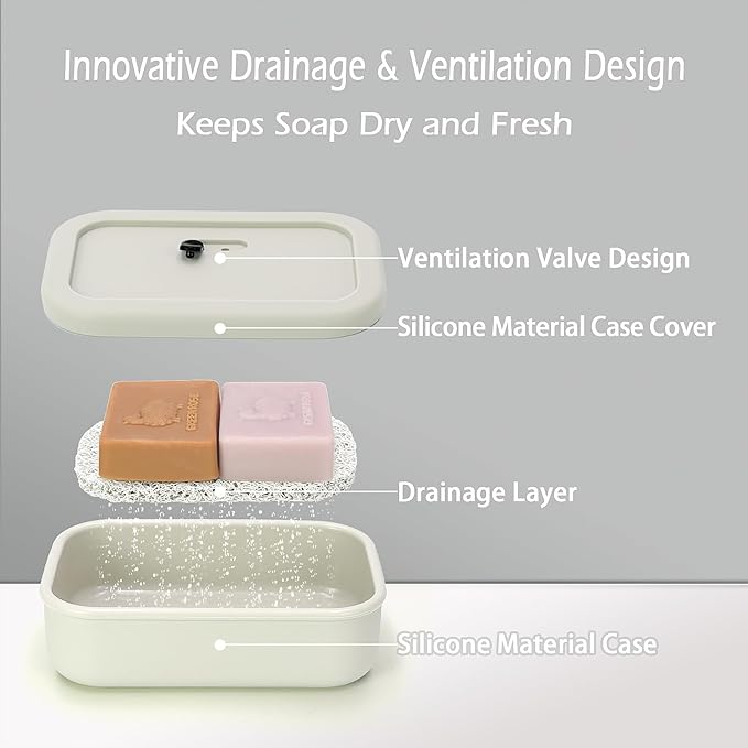 AIDIMMING Enhanced Leak Proof Travel Soap Case,Shatterproof Silicone Soap Holder for Traveling, Shampoo and Conditioner Bars Dish with Slip Soap Saver Pad,Portable Soap Box (Offwhite&Offwhite)