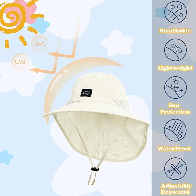 Outdoor Kids Sun Hat with Neck Flap UPF 50+ Quick Dry Beach Hats for Baby Boys Girls Age 2-12 Years Adjustable
