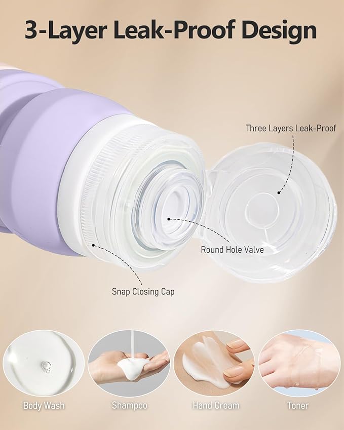 Silicone Travel Bottles for Toiletries, 3 Pack Collapsible Travel Size Containers Dual-ended Bottles for Women, Refillable & Leak Proof Empty Silicone Squeeze Bottle for Shampoo & Body Wash, 1.5oz x 6