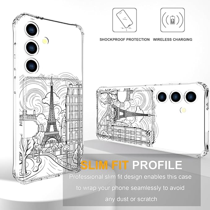 Compatible with Samsung Galaxy S24+ Plus / S25+ Plus Case Card Holder for Women Cute Design,Wallet Phone Cases Transparent Cool Kawaii Protective (Clear Paris City Eiffel Tower)